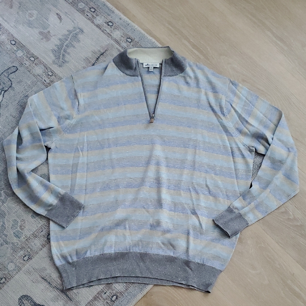 Peter Millar Men's Crown Cool Striped Quarter Zip Wool Linen Blend Sweater SzXL